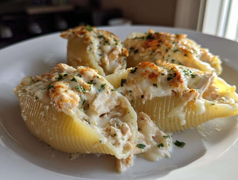 Close-up of baked Cheesy Chicken Stuffed Pasta shells topped with melted cheese and parsley.