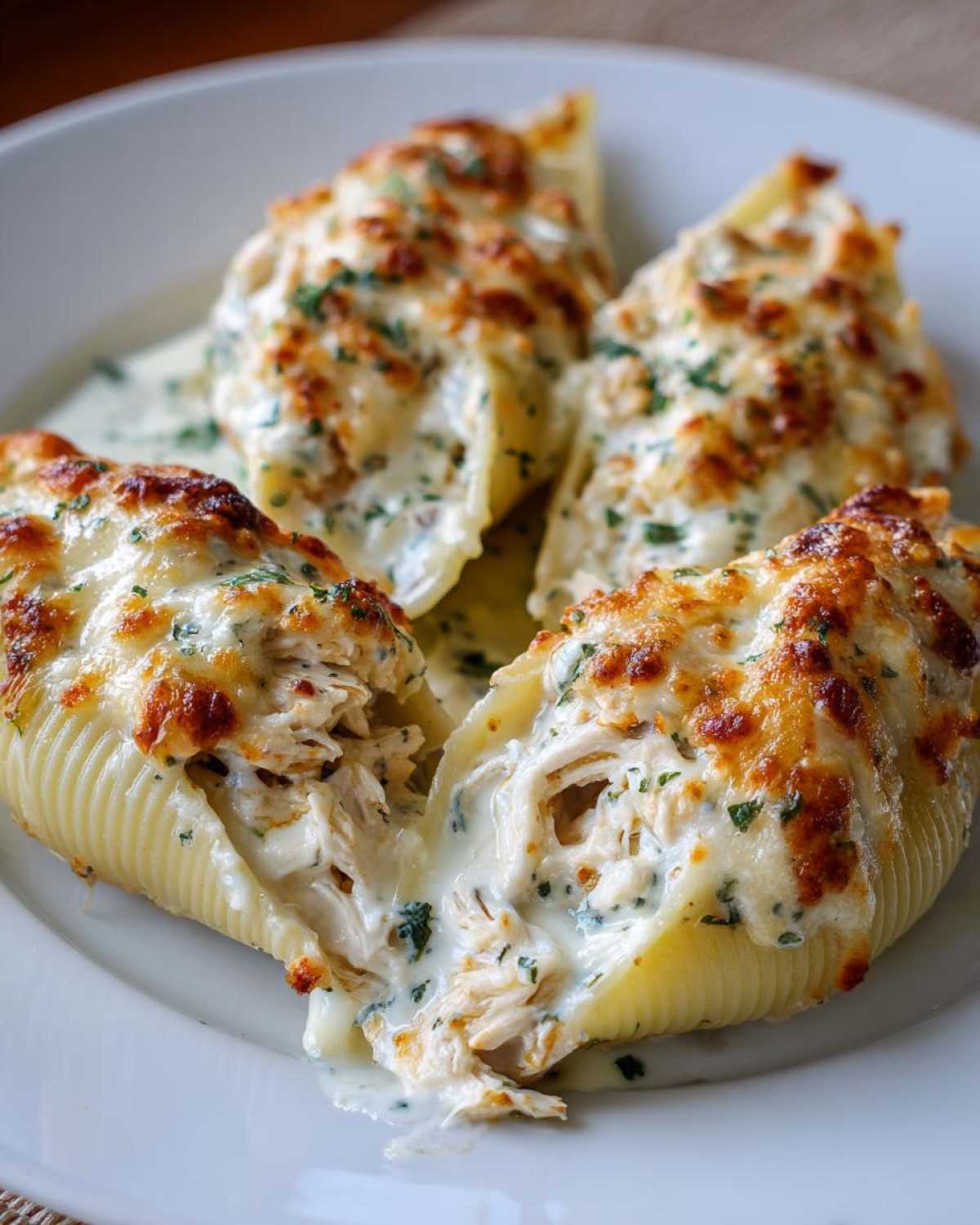Four baked jumbo shells filled with shredded chicken and covered in a creamy, cheesy sauce, resembling Cheesy Chicken Stuffed Pasta.