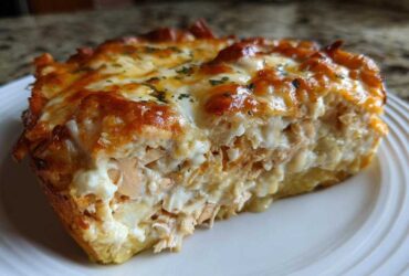 A close-up slice of Cheesy Chicken Tortilla Bake showing layers of shredded chicken, creamy sauce, and a bubbly, browned cheese topping.