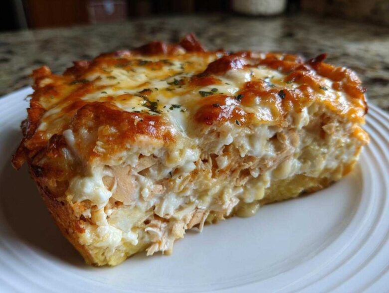 A close-up slice of Cheesy Chicken Tortilla Bake showing layers of shredded chicken, creamy sauce, and a bubbly, browned cheese topping.