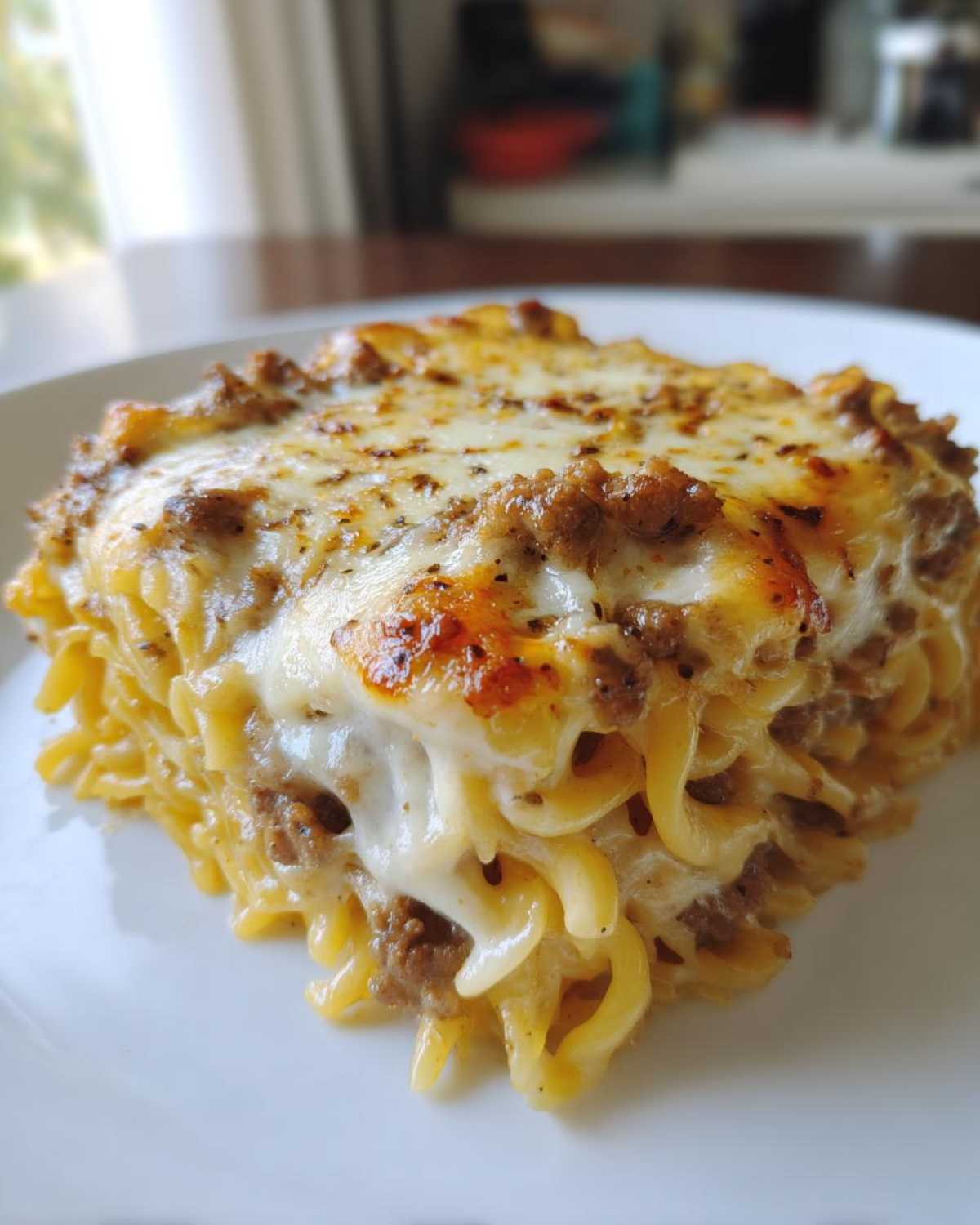 Close-up of a square serving of Cheesy Ground Beef Pasta Bake with melted, browned cheese topping.