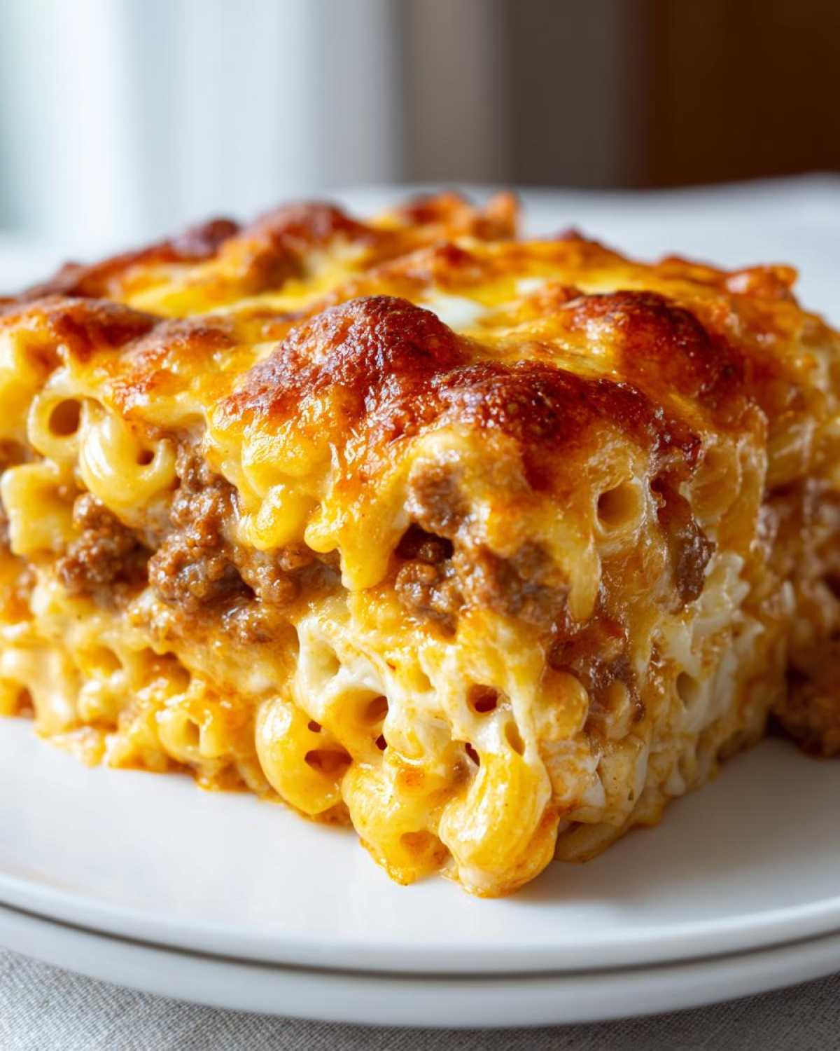 A close-up of a serving of Cheesy Ground Beef Pasta Bake showing macaroni, ground beef, and a bubbly, browned cheese topping.