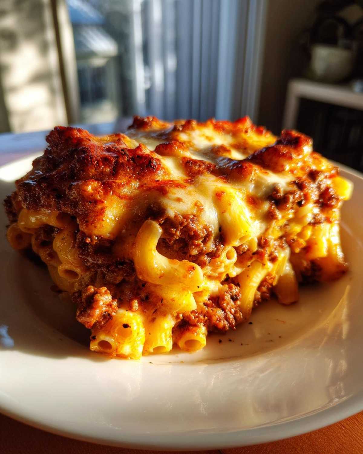 A generous serving of Cheesy Ground Beef Pasta Bake with Creamy Sauce, featuring baked, browned cheese on top.