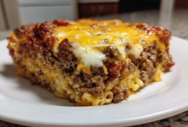 Close-up of a hearty slice of Cheesy Ground Beef Pasta Bake with melted cheddar and mozzarella cheese topping.