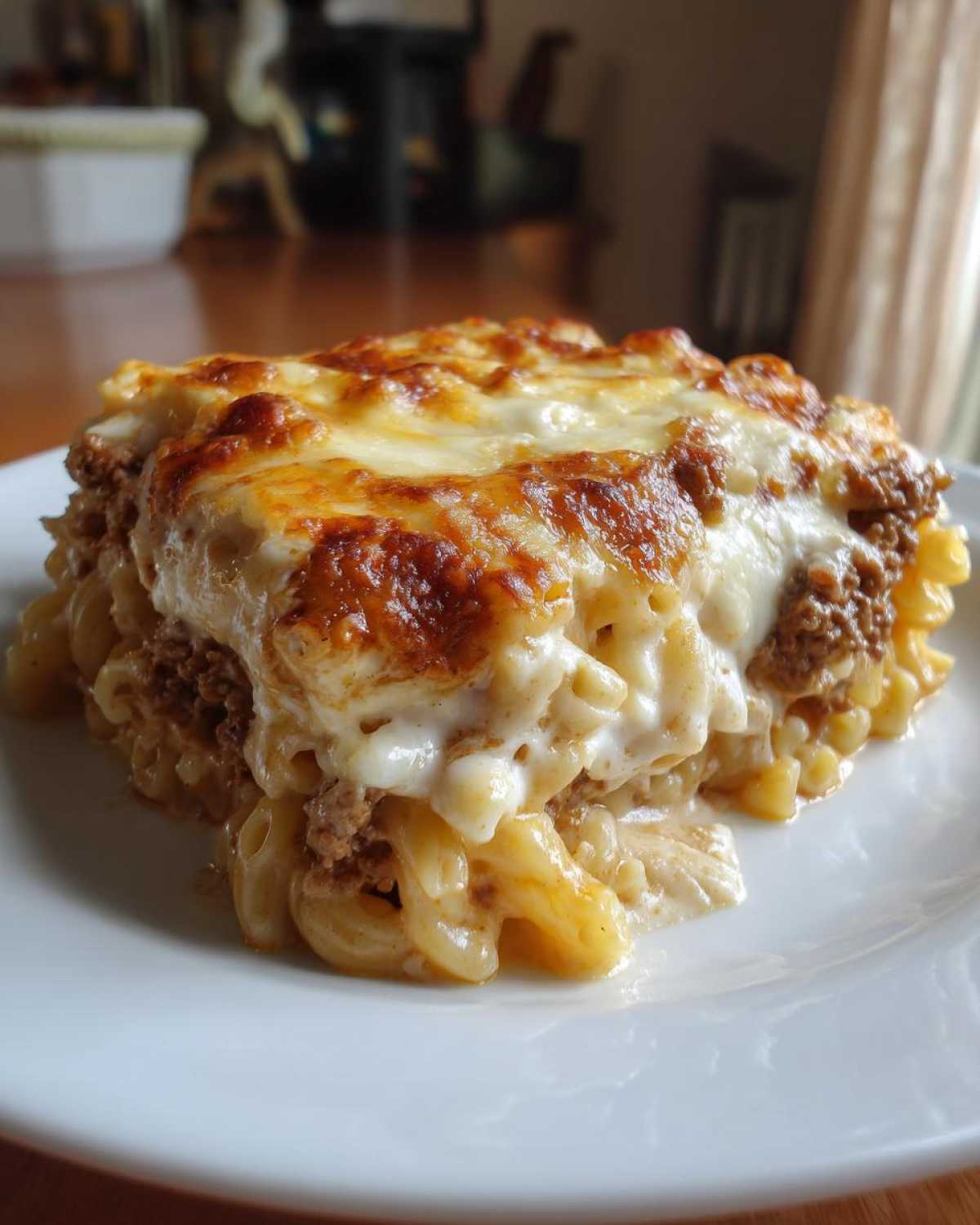 A generous serving of Cheesy Ground Beef Pasta Bake with a golden, bubbly, cheesy top layer.