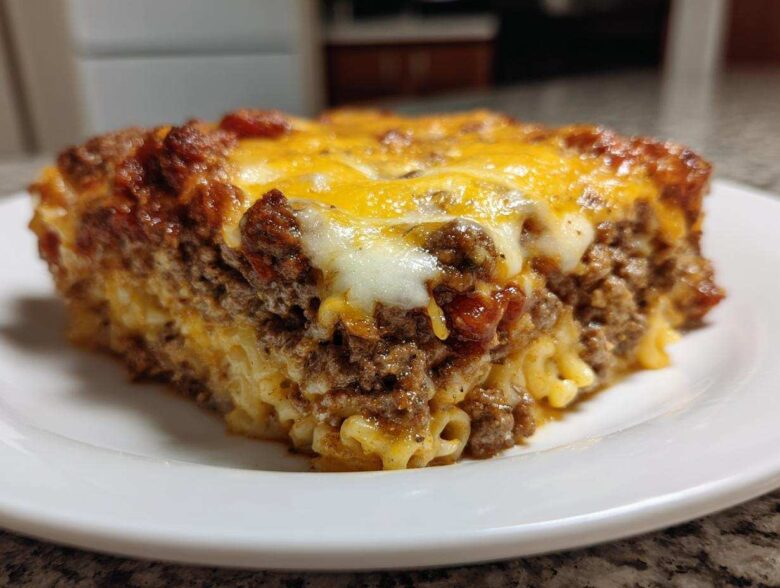 Close-up of a hearty slice of Cheesy Ground Beef Pasta Bake with melted cheddar and mozzarella cheese topping.