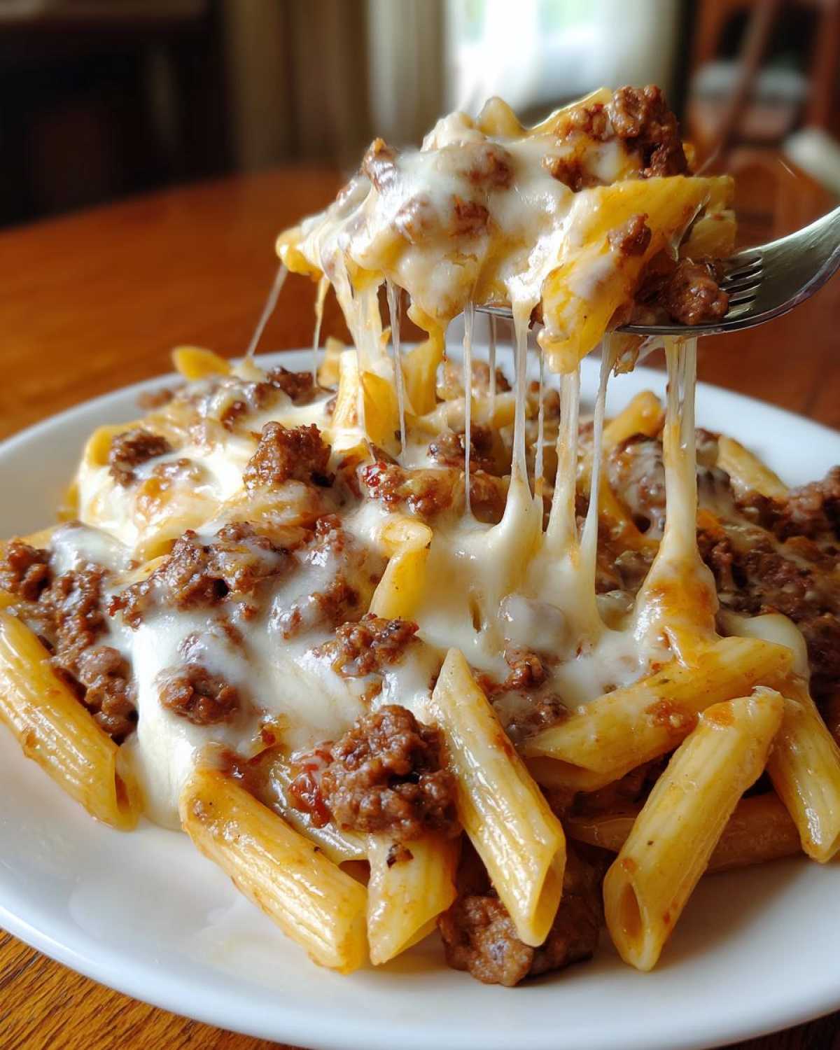 A fork lifting a bite of Cheesy Ground Beef Pasta with Garlic Cream Sauce, showing long, gooey cheese pulls.