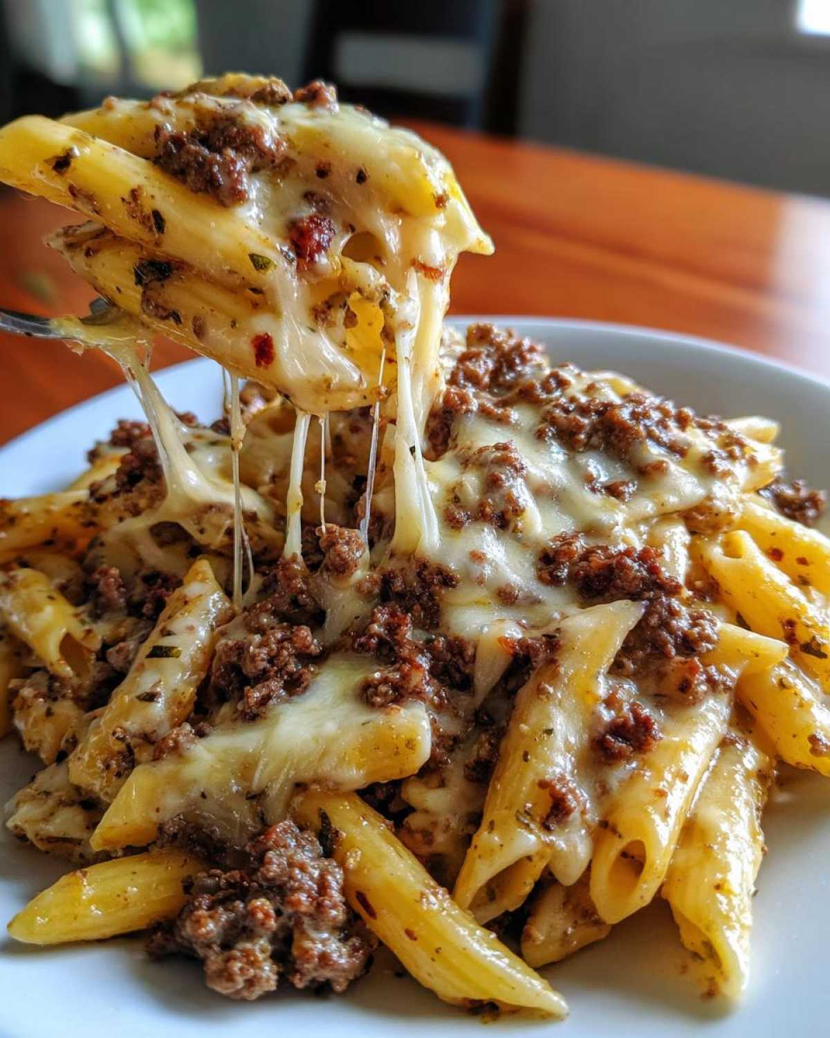 A fork lifts a serving of Cheesy Ground Beef Pasta with Garlic Cream Sauce, showing a dramatic cheese pull.