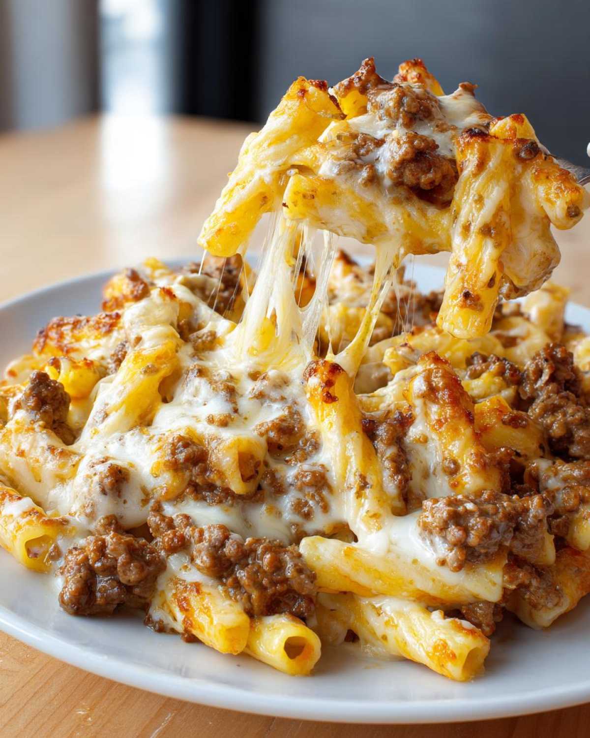 A fork lifts a serving of Cheesy Ground Beef Pasta with Garlic Cream Sauce, showing extreme cheese pull.
