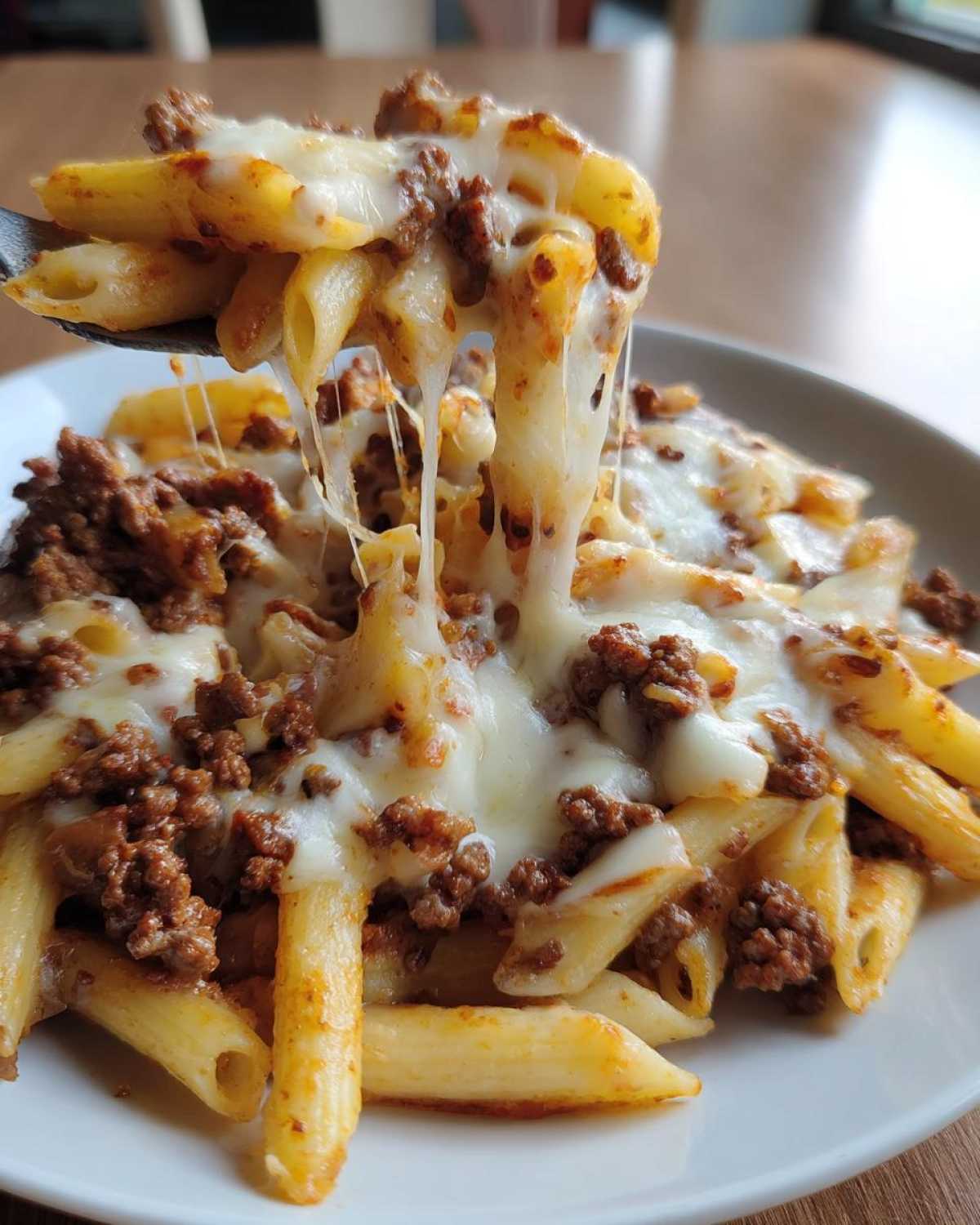 A fork lifting a serving of Cheesy Ground Beef Pasta, showing extreme cheese pull over pasta and ground beef.