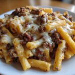 A close-up of Cheesy Ground Beef Pasta with Garlic Cream Sauce, featuring ziti pasta topped with savory ground beef and melted mozzarella cheese.