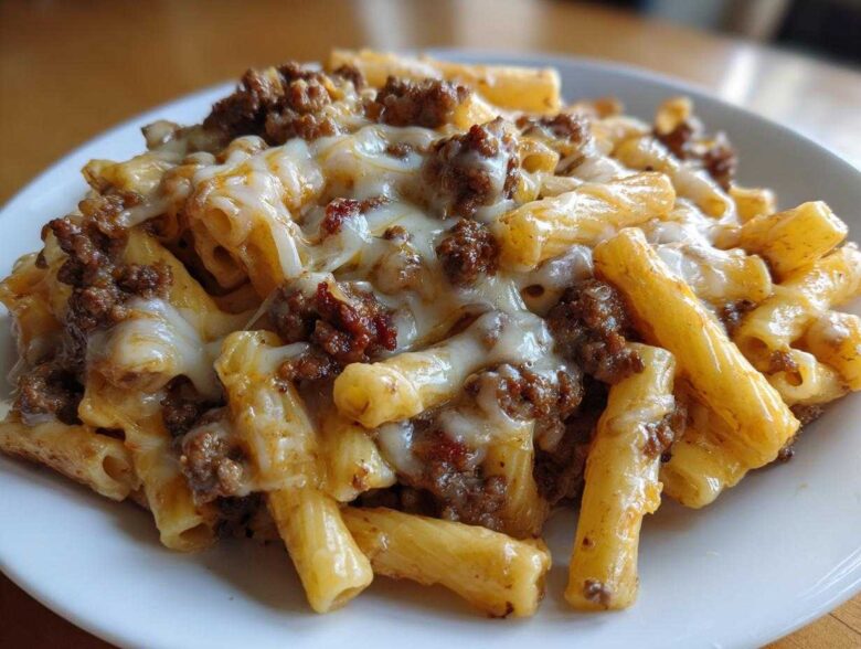 A close-up of Cheesy Ground Beef Pasta with Garlic Cream Sauce, featuring ziti pasta topped with savory ground beef and melted mozzarella cheese.