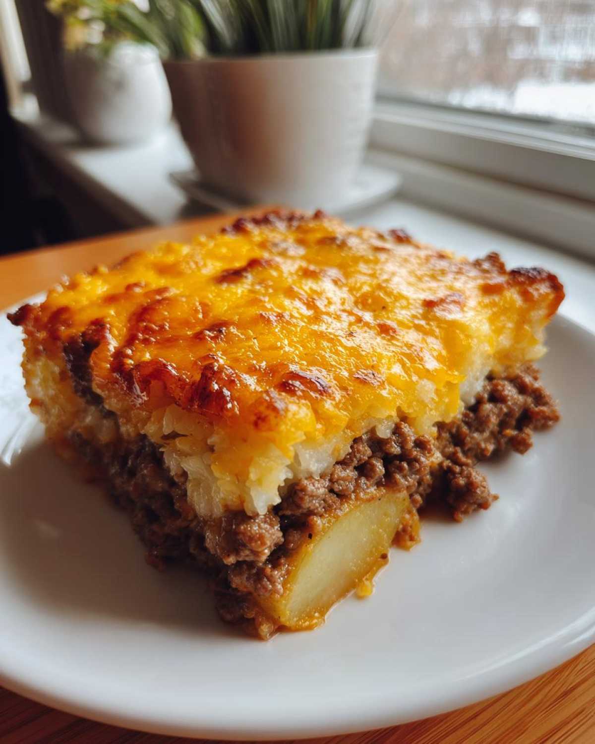 A hearty slice of Cheesy Ground Beef and Potato Bake showing layers of ground beef, potatoes, and a golden melted cheese topping.