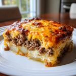 A thick slice of Cheesy Ground Beef and Potato Bake Comfort Food with a bubbly, browned cheese topping.