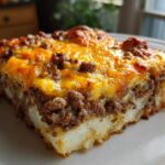 A close-up slice of Cheesy Ground Beef and Potato Bake showing layers of potatoes, seasoned ground beef, and melted cheddar cheese.