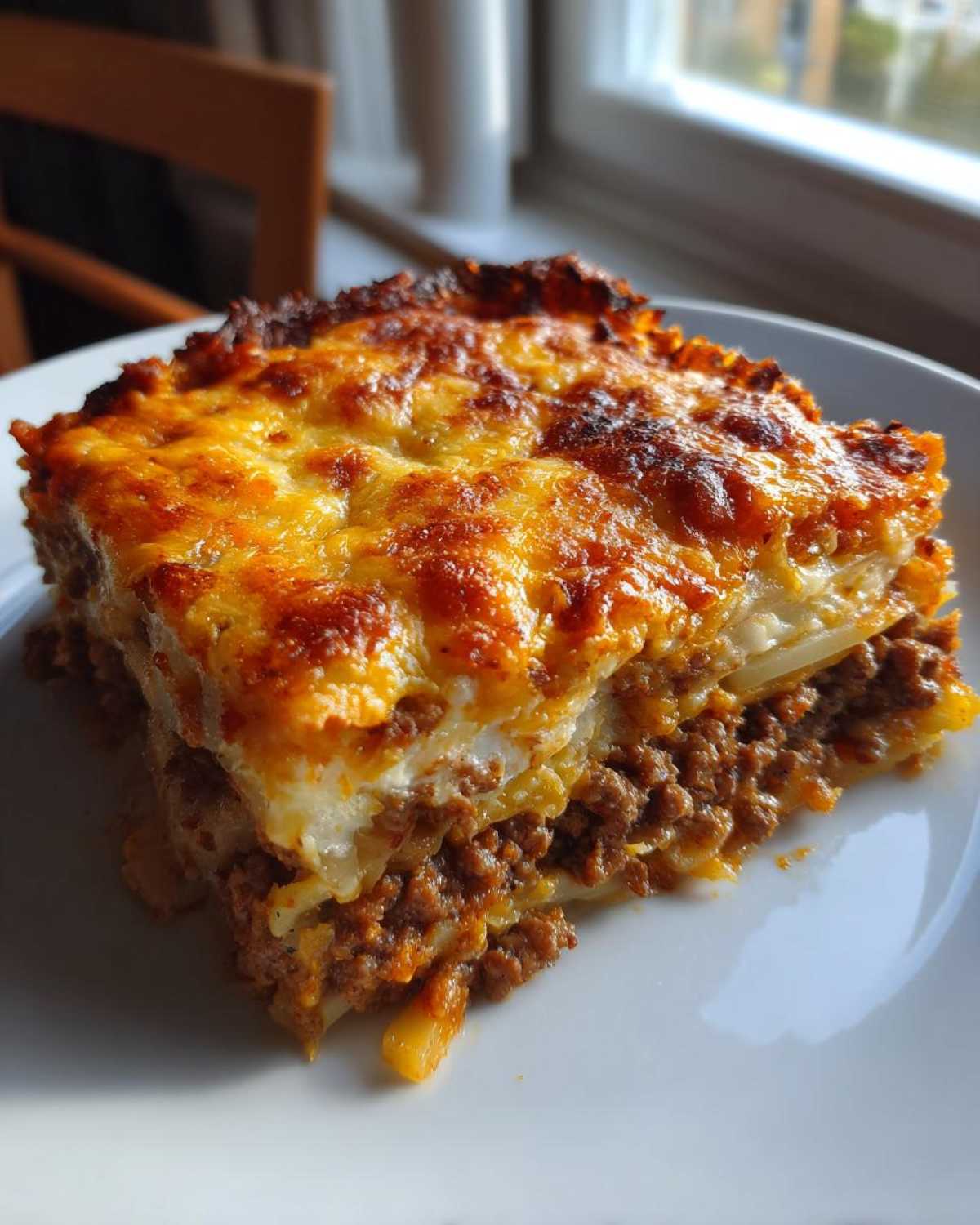 A thick, layered slice of Cheesy Ground Beef and Potato Bake with a golden, bubbly cheese crust.