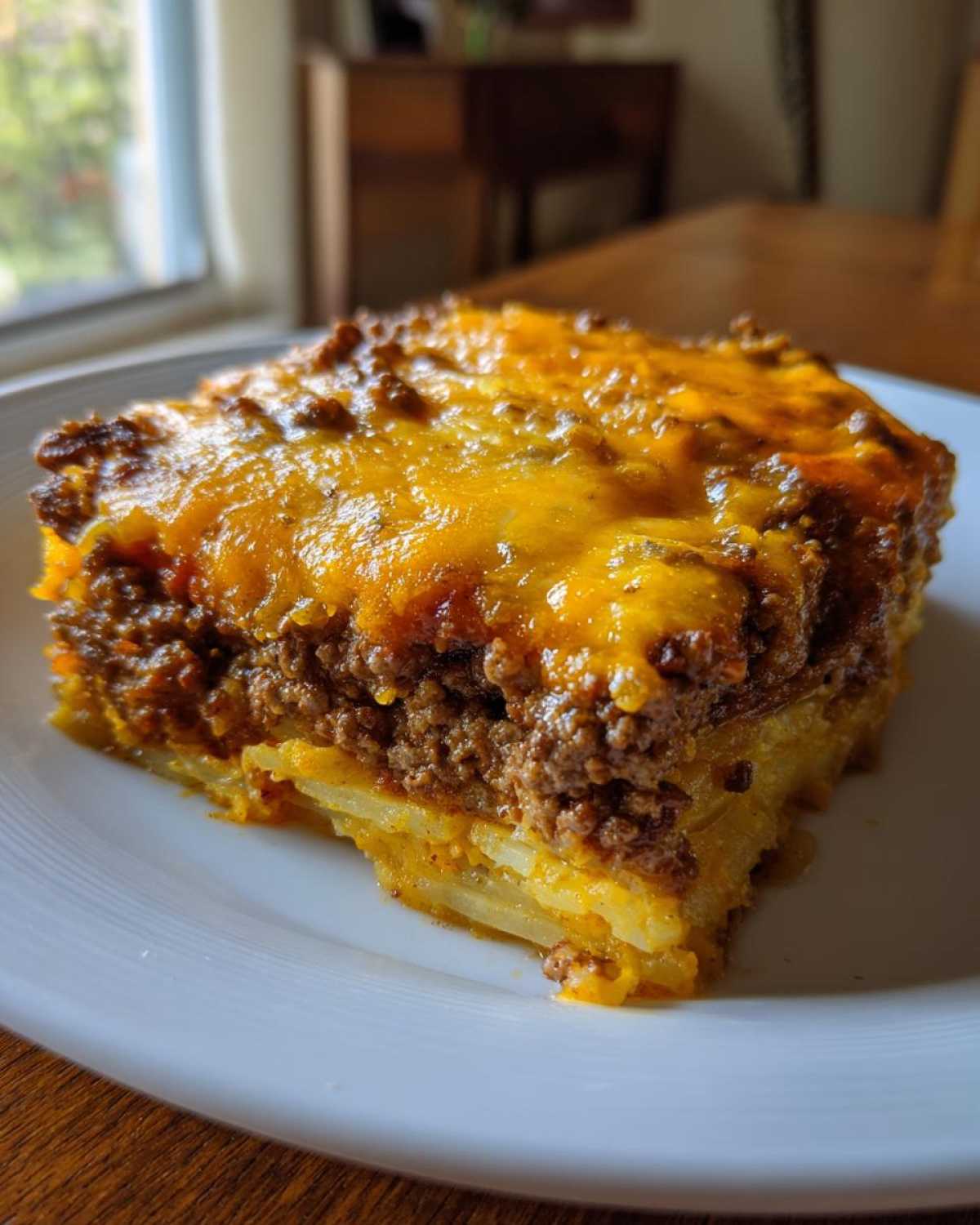 A thick slice of Cheesy Ground Beef and Potato Bake with melted cheddar cheese topping on a white plate.