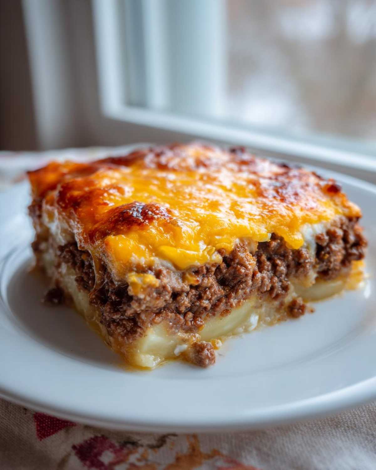 A thick slice of Cheesy Ground Beef and Potato Bake showing layers of potatoes, seasoned ground beef, and a melted, golden-brown cheese topping.