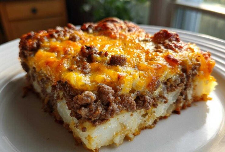 A close-up slice of Cheesy Ground Beef and Potato Bake showing layers of potatoes, seasoned ground beef, and melted cheddar cheese.