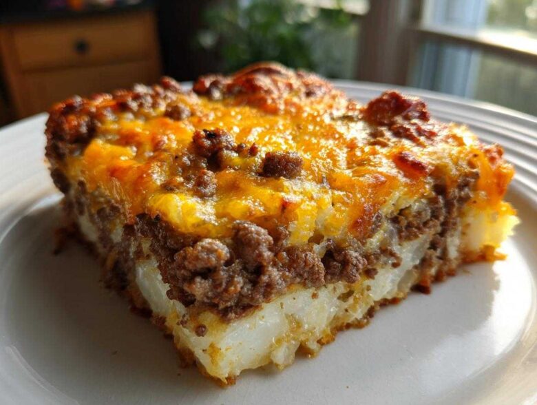 A close-up slice of Cheesy Ground Beef and Potato Bake showing layers of potatoes, seasoned ground beef, and melted cheddar cheese.