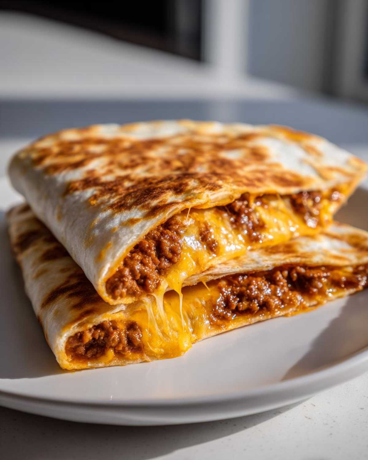 Two halves of a Cheesy Ground Beef Quesadilla stacked, showing rich filling and extreme cheese pull.