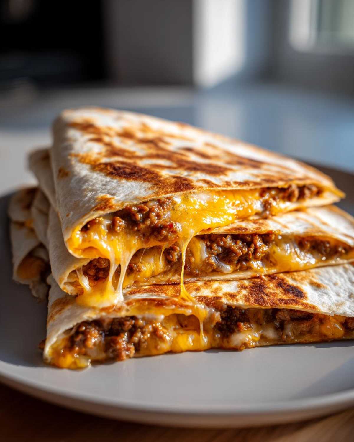 Stack of golden-brown quesadilla wedges filled with seasoned ground beef and gooey, melted cheese from the Cheesy Ground Beef Quesadilla Easy Recipe.