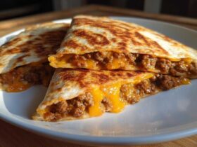 Two halves of a golden-brown Cheesy Ground Beef Quesadilla cut open to show melted cheese and seasoned ground beef filling.