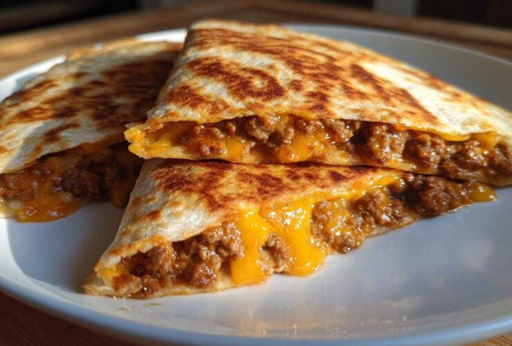 Two halves of a golden-brown Cheesy Ground Beef Quesadilla cut open to show melted cheese and seasoned ground beef filling.