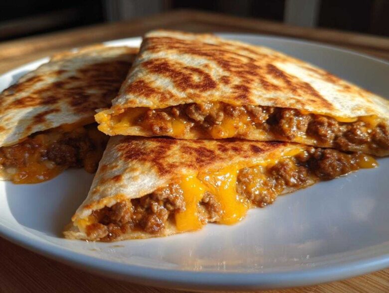Two halves of a golden-brown Cheesy Ground Beef Quesadilla cut open to show melted cheese and seasoned ground beef filling.