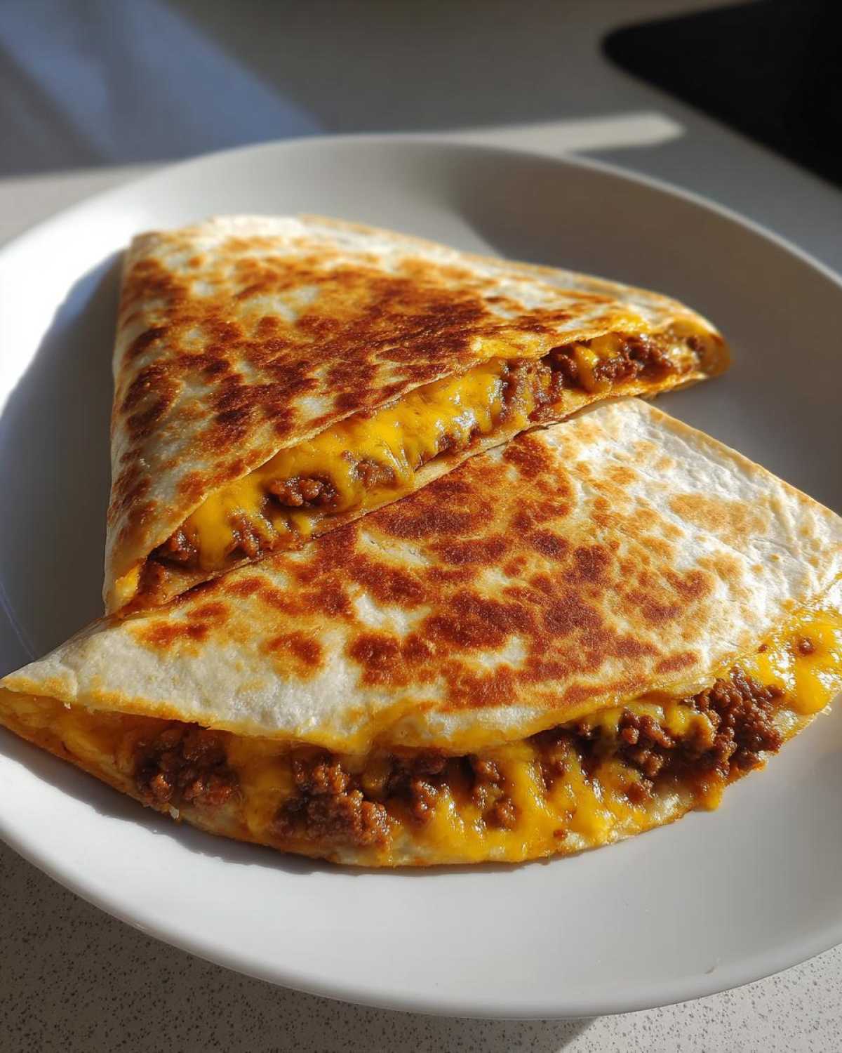 Two halves of a golden-brown Cheesy Ground Beef Quesadilla Easy Recipe, oozing melted cheddar cheese, served on a white plate.