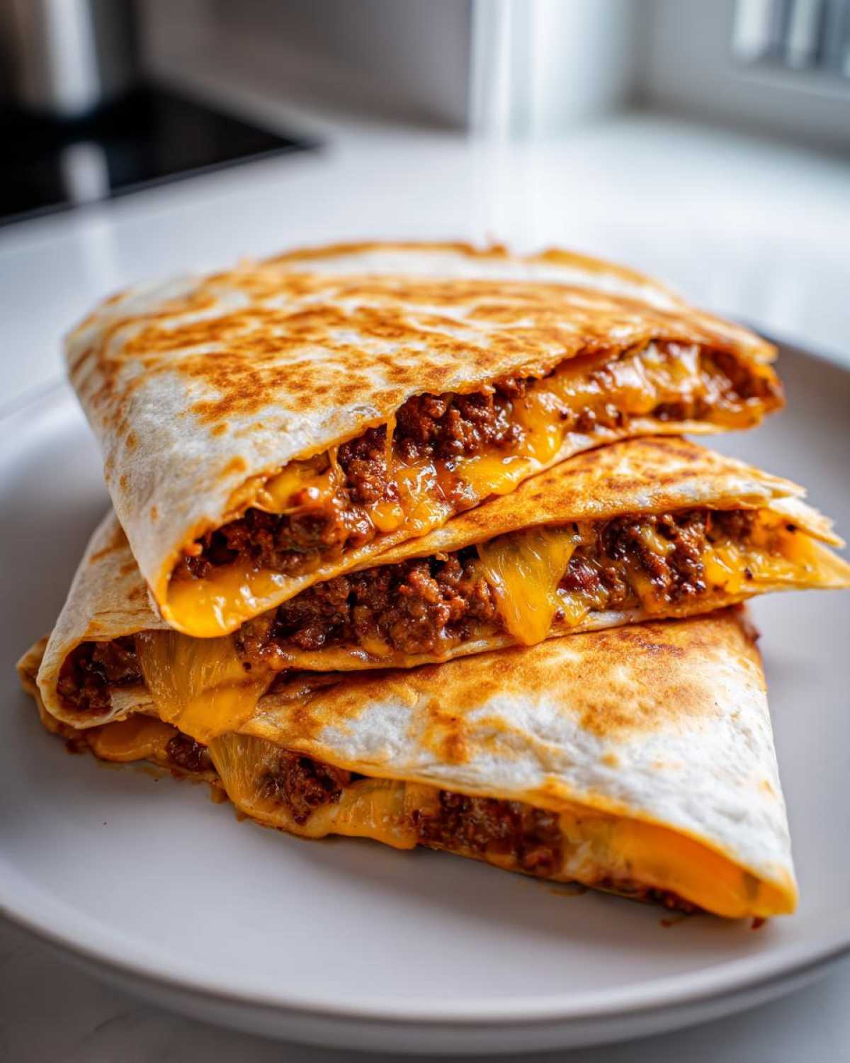 Stack of golden-brown Cheesy Ground Beef Quesadilla triangles oozing with melted cheddar cheese.