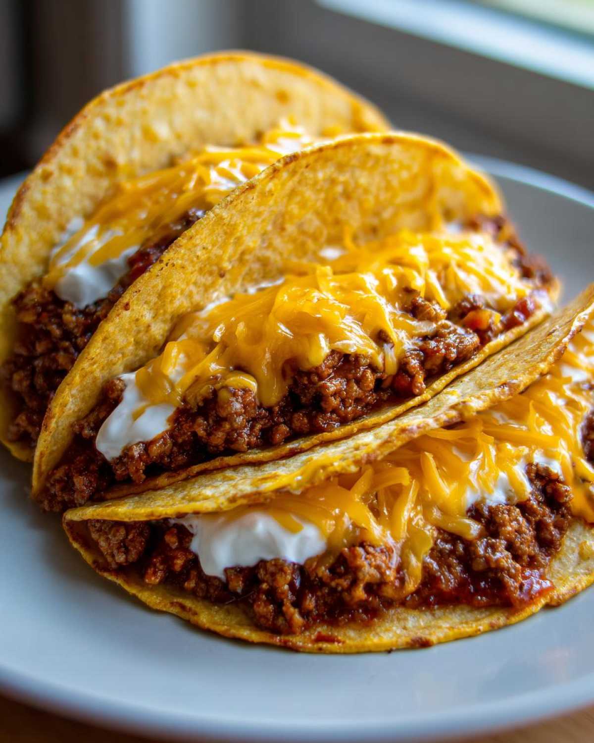 Three crispy tacos filled with seasoned ground beef, sour cream, and melted cheddar cheese, representing Cheesy Ground Beef Tacos.