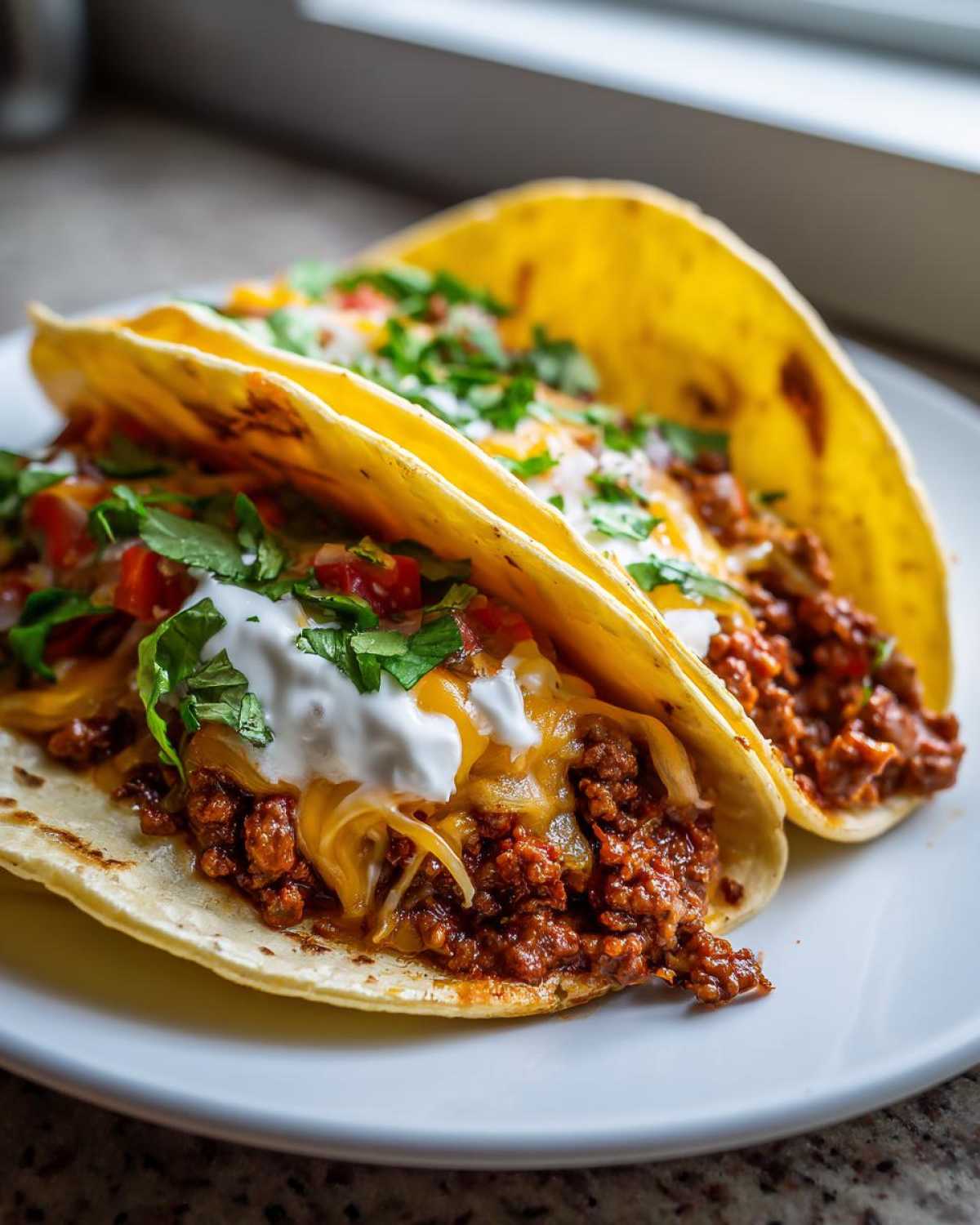Two fully loaded Cheesy Ground Beef Tacos with creamy filling, melted cheese, and fresh cilantro on a white plate.