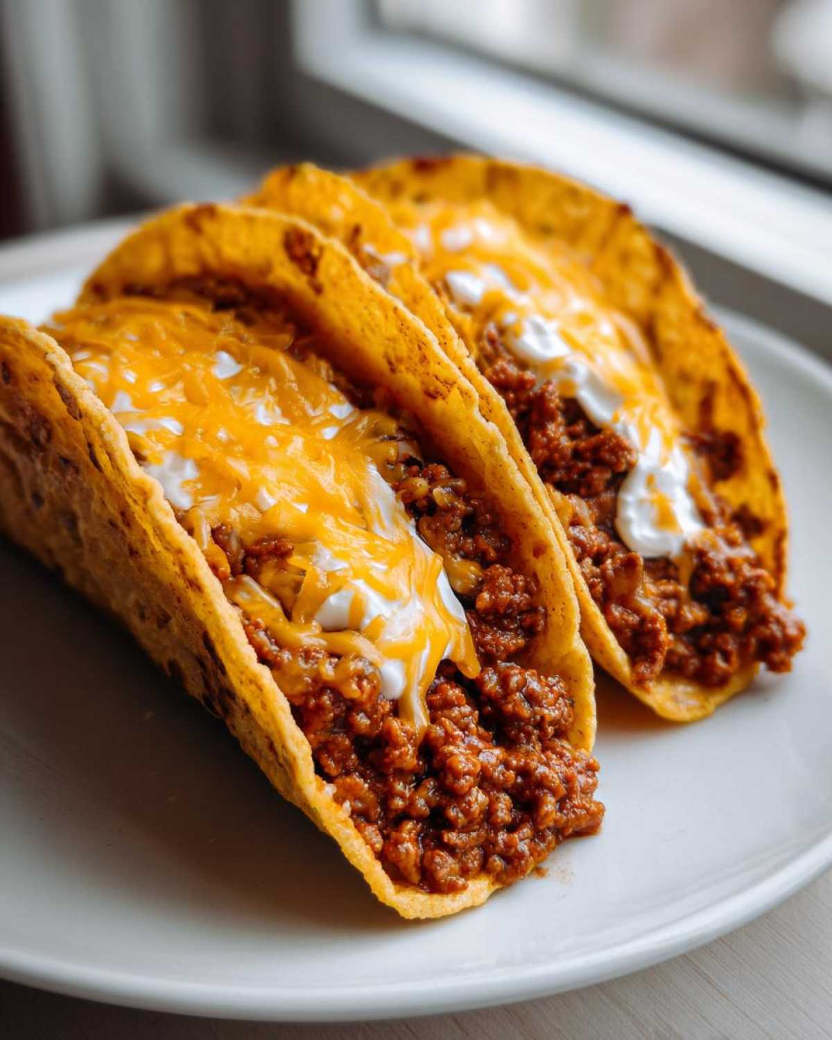 Two crispy hard-shell Cheesy Ground Beef Tacos generously filled with seasoned meat, topped with melted cheddar and sour cream.
