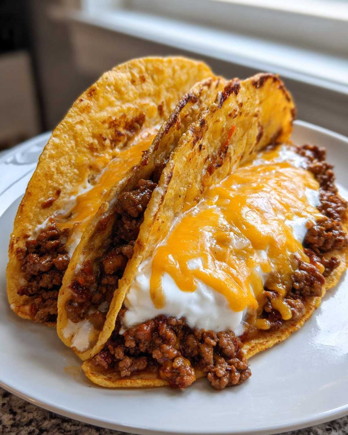 Two crispy tacos filled with seasoned ground beef, a dollop of creamy white sauce, and melted cheddar cheese, showcasing Cheesy Ground Beef Tacos.