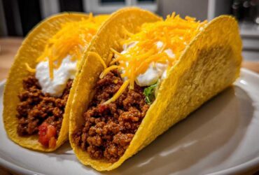 Two crispy shell Cheesy Ground Beef Tacos filled with seasoned meat, sour cream, and shredded cheddar cheese.