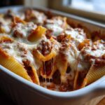 Close-up of baked Cheesy Pasta Shells with Creamy Beef Sauce, topped with melted, stringy mozzarella cheese in a white baking dish.