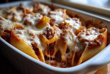 Close-up of baked Cheesy Pasta Shells with Creamy Beef Sauce, topped with melted, stringy mozzarella cheese in a white baking dish.
