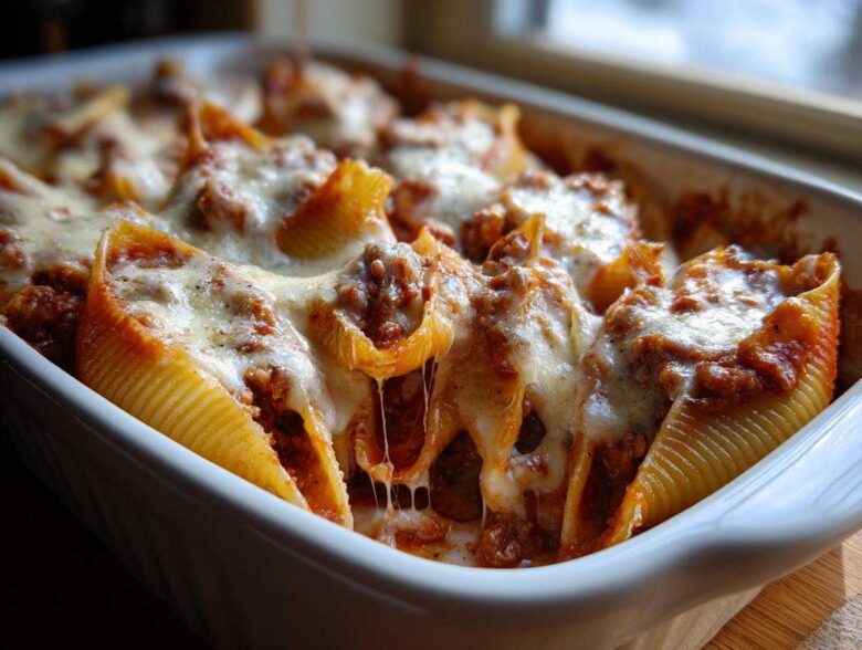 Close-up of baked Cheesy Pasta Shells with Creamy Beef Sauce, topped with melted, stringy mozzarella cheese in a white baking dish.