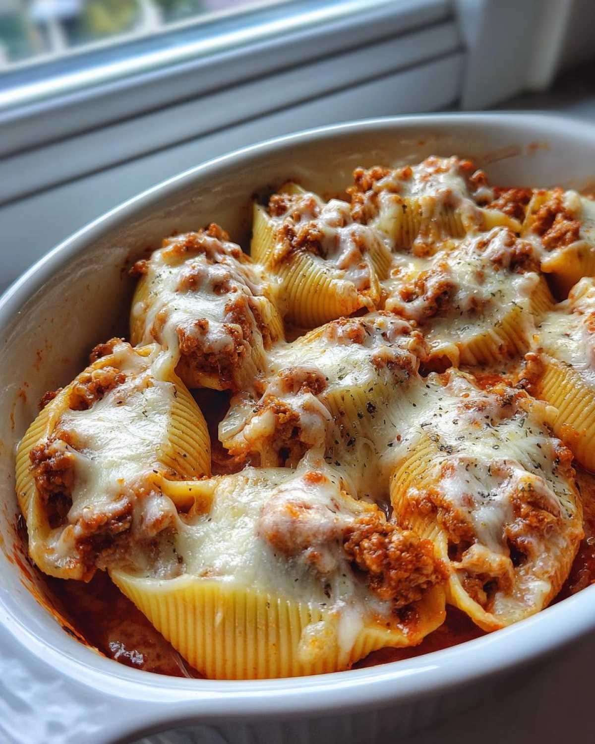 Close-up of baked Cheesy Pasta Shells with Creamy Beef Sauce, topped with melted mozzarella.