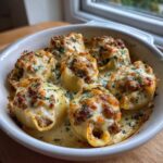 Close-up of baked Cheesy Pasta Shells with Creamy Beef Sauce topped with melted, browned cheese and parsley.