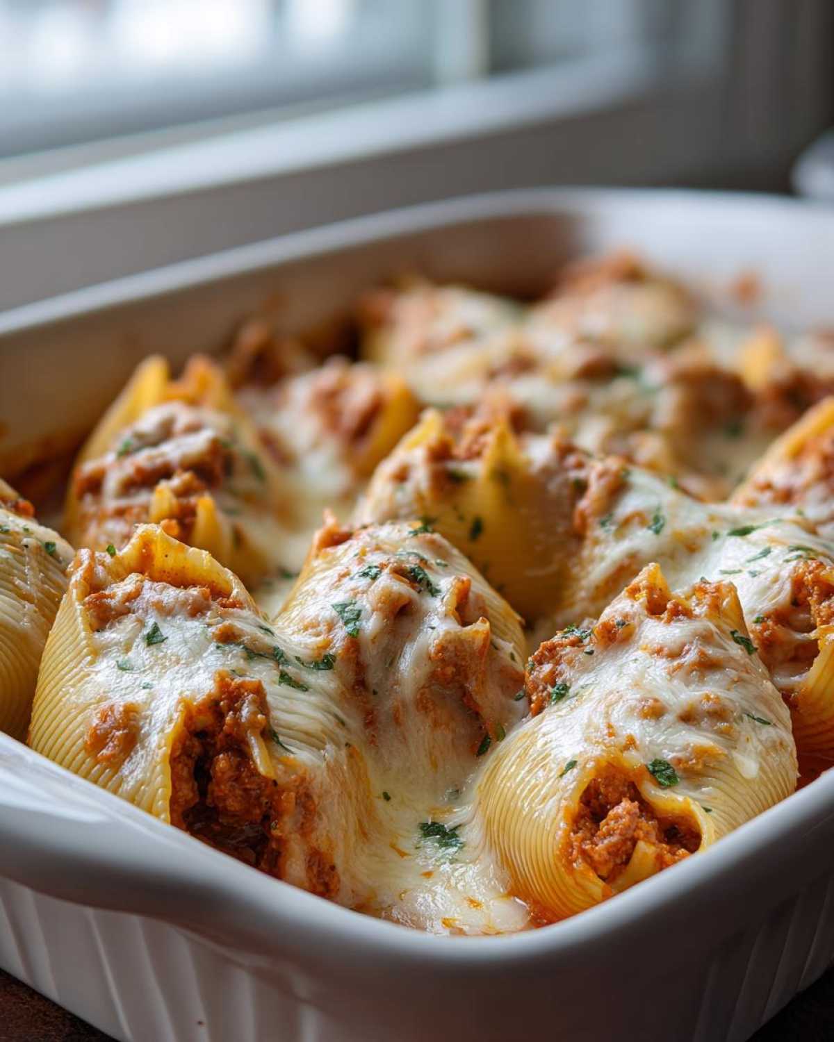 Close-up of baked Cheesy Pasta Shells with Creamy Beef Sauce topped with melted mozzarella and parsley.