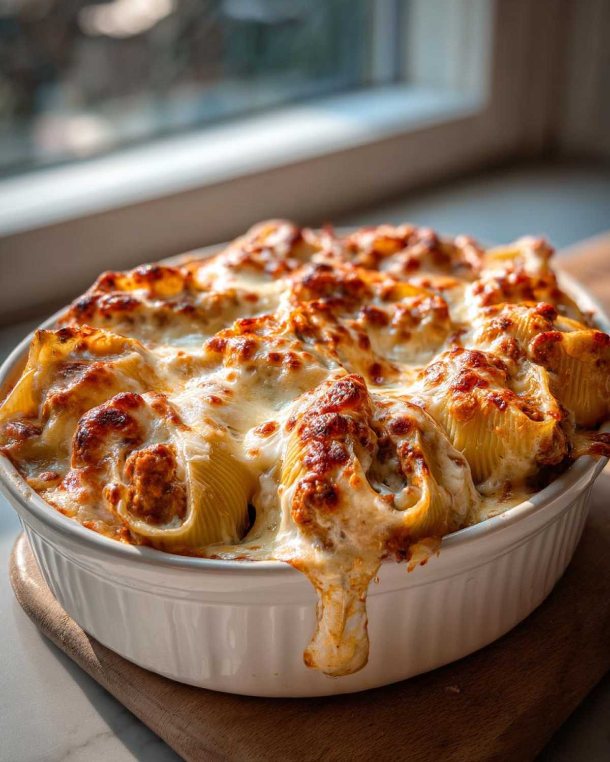 Close-up of baked Cheesy Pasta Shells with Creamy Beef Sauce, bubbling with melted, browned cheese.