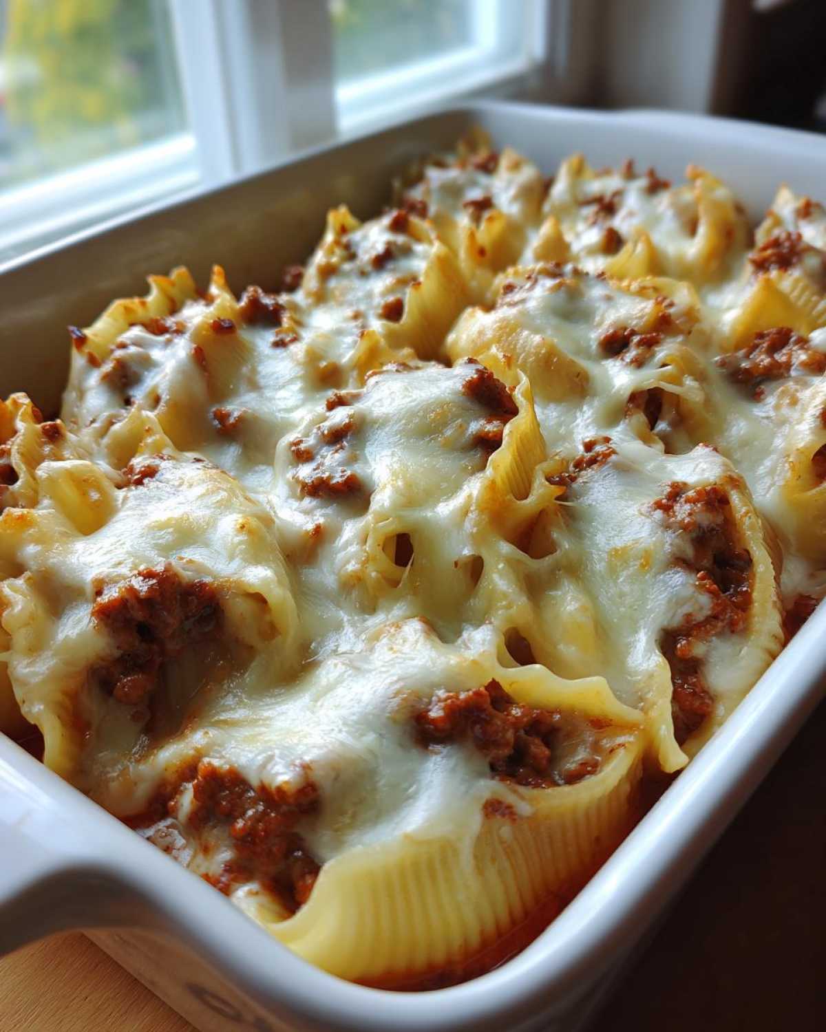 Close-up of baked Cheesy Pasta Shells with Creamy Beef Sauce topped with melted mozzarella cheese in a white baking dish.