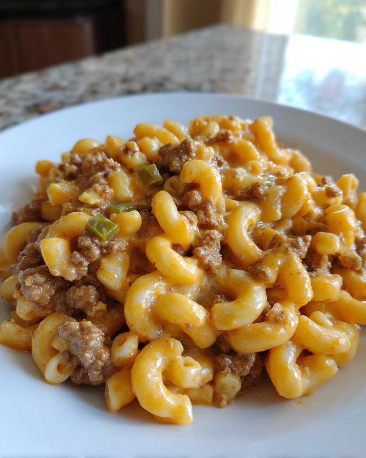 Close-up of a white plate filled with Cheesy Taco Pasta One Pot Dinner Idea, featuring elbow macaroni in a creamy cheese sauce with ground beef.