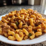 A close-up of a serving of Cheesy Taco Pasta One Pot Dinner Idea, featuring elbow macaroni mixed with seasoned ground meat and a creamy orange sauce.
