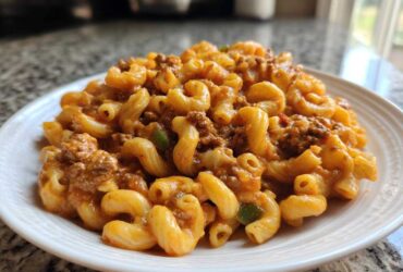 A close-up of a serving of Cheesy Taco Pasta One Pot Dinner Idea, featuring elbow macaroni mixed with seasoned ground meat and a creamy orange sauce.