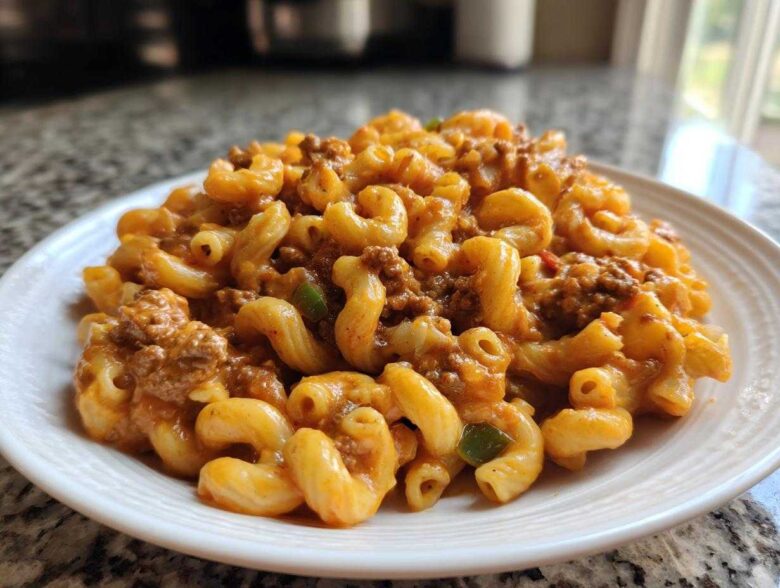 A close-up of a serving of Cheesy Taco Pasta One Pot Dinner Idea, featuring elbow macaroni mixed with seasoned ground meat and a creamy orange sauce.