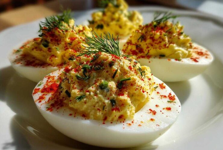 Four halves of Classic Deviled Eggs with Dill Pickle Relish, topped with paprika and fresh dill, served on a white plate.