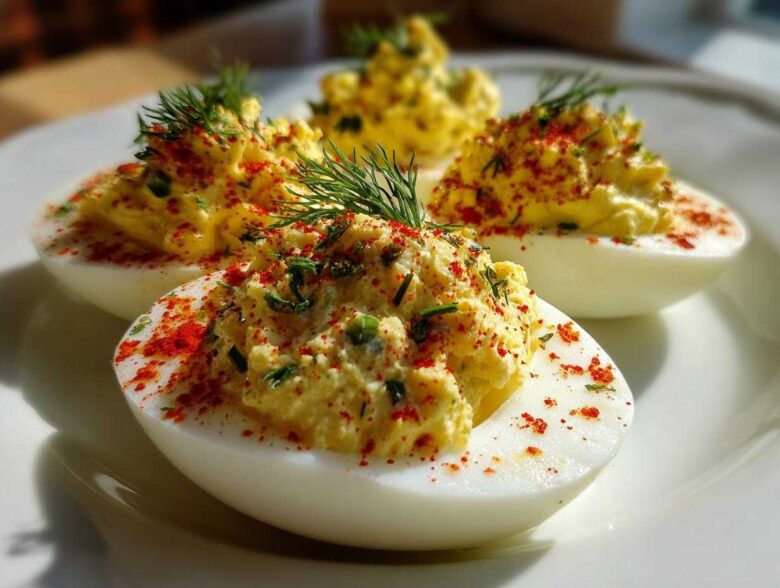 Four halves of Classic Deviled Eggs with Dill Pickle Relish, topped with paprika and fresh dill, served on a white plate.